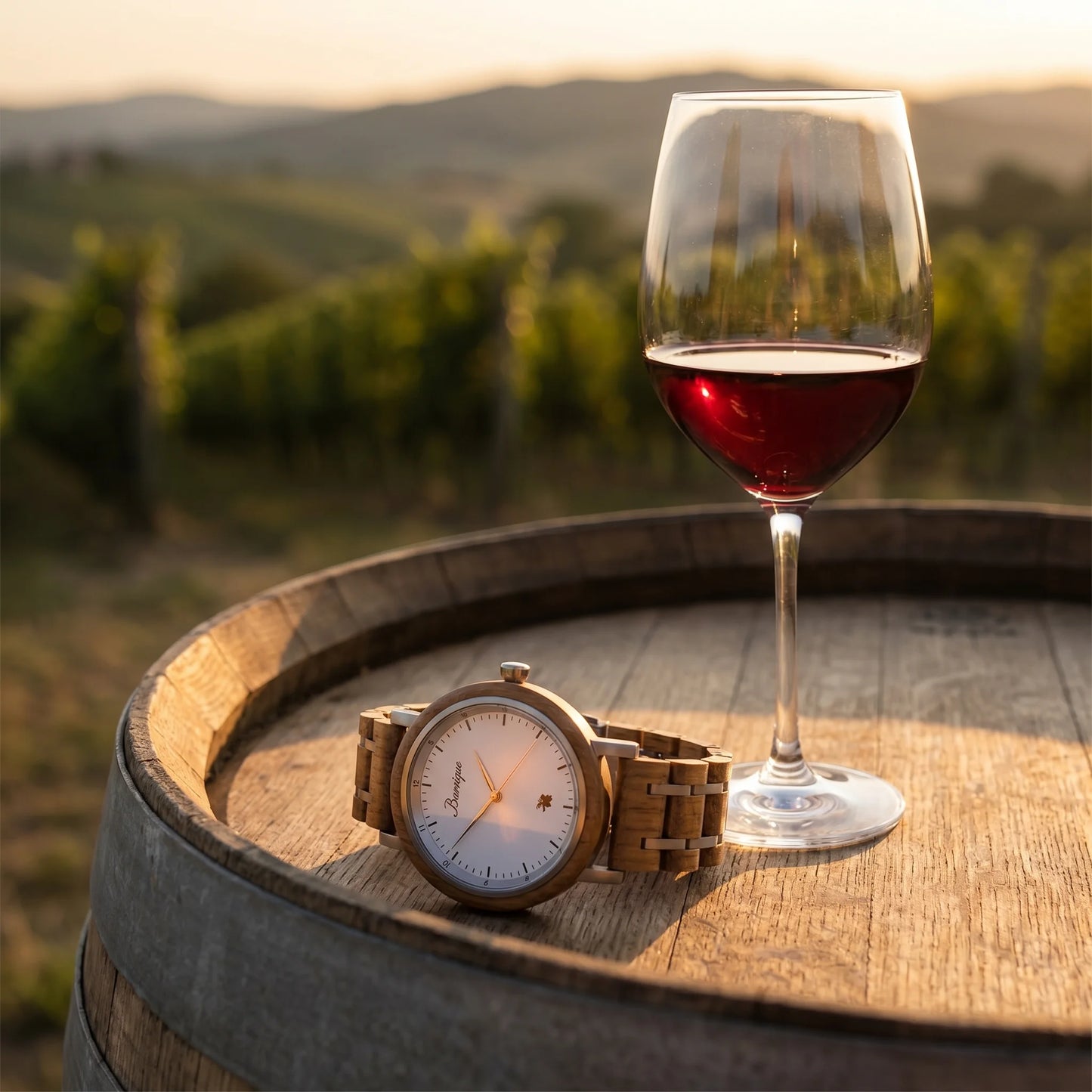 Pánske drevené hodinky Grapevine – lifestylová fotografia pri kryštálovom pohári vína na dubovom sude