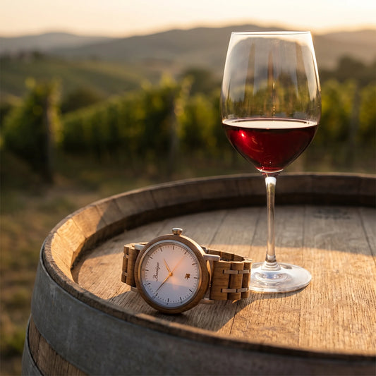 Pánske drevené hodinky Grapevine – lifestylová fotografia pri kryštálovom pohári vína na dubovom sude