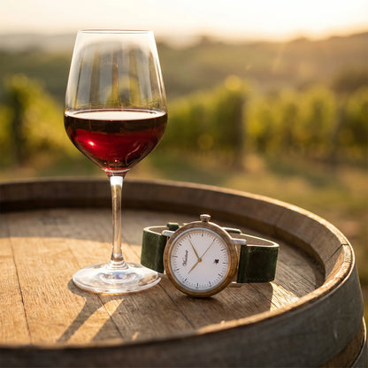 Pánske drevené hodinky Grapevine Zelené – lifestylová fotografia pri kryštálovom pohári vína na dubovom sude