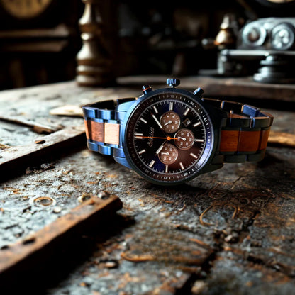 Detail pánskych drevených hodiniek Waidzeit Confidence Chronograph – modré oceľové puzdro, orechový ciferník a zafírové sklíčko