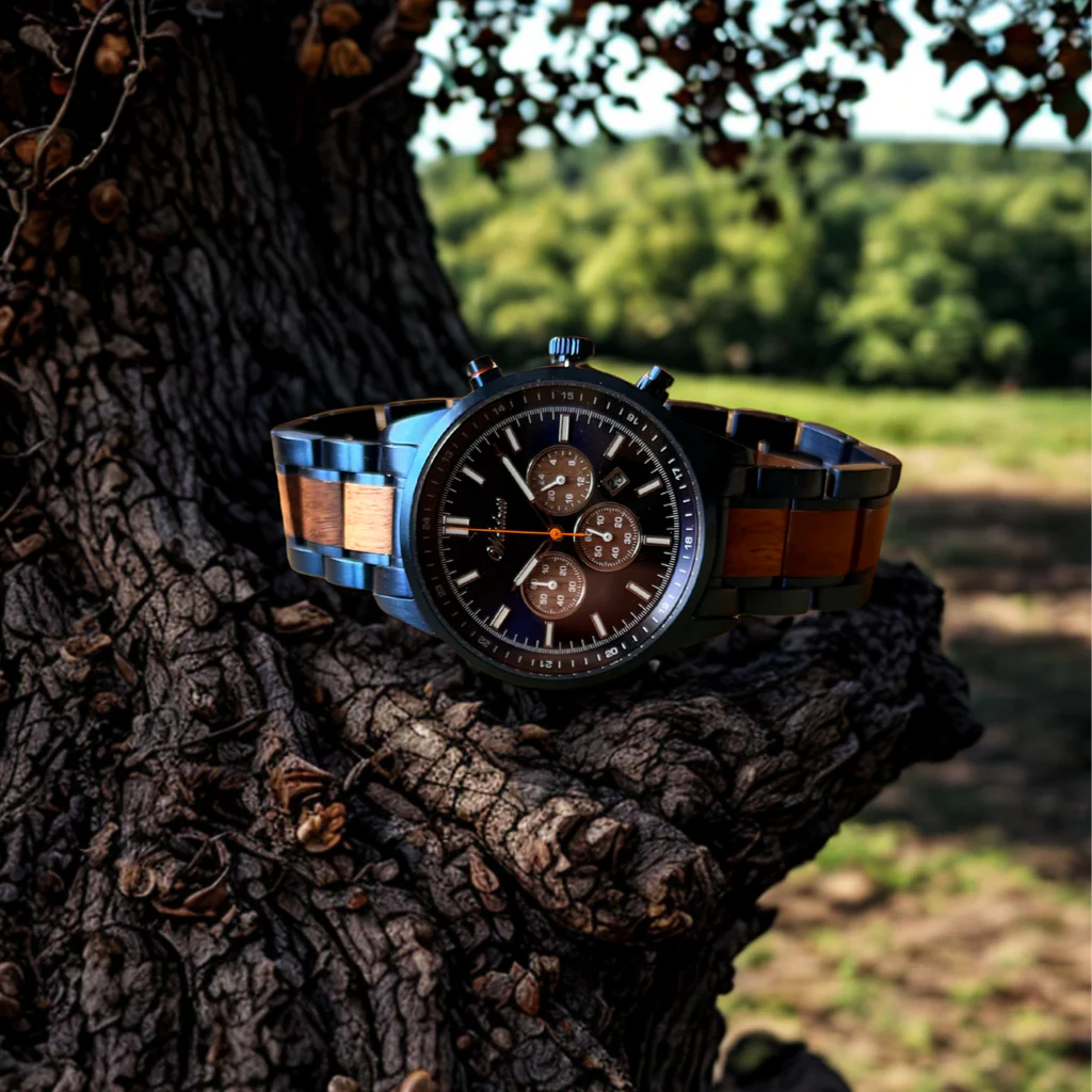 Pánske drevené hodinky Waidzeit Confidence Chronograph v prírode – kontrast modrej ocele a orechového dreva v prirodzenom svetle
