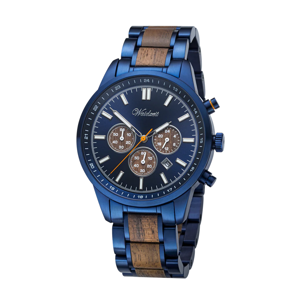 Pánske drevené hodinky Waidzeit Confidence Chronograph – spojenie modrej ocele a orechového dreva v charizmatickom dizajne