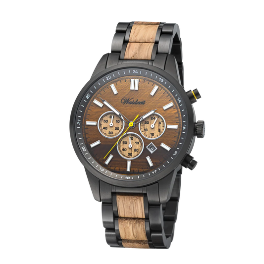 Detail pánskych drevených hodiniek Waidzeit Courage Chronograph – ciferník s efektom tigrieho oka a zafírové sklíčko