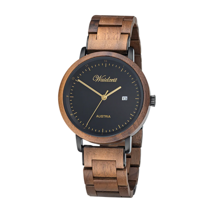 Pánske drevené hodinky Waidzeit Max z orechového dreva s čiernym ciferníkom a zlatými detailmi – nadčasová elegancia s alpským dizajnom