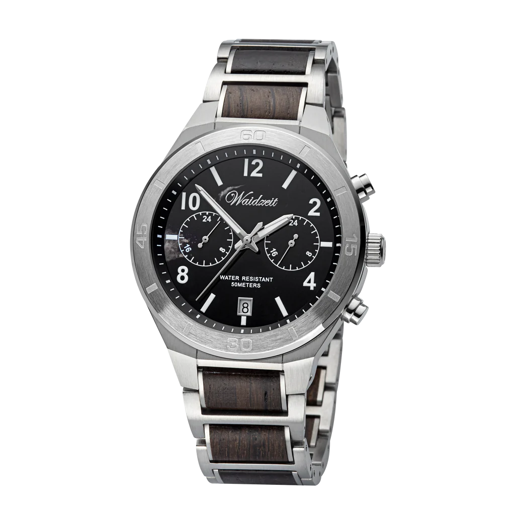 Pánske drevené hodinky Waidzeit Merkúr z planetárnej kolekcie – spojenie mramoru, nehrdzavejúcej ocele a dreveného remienka s funkciou dvoch časových zón