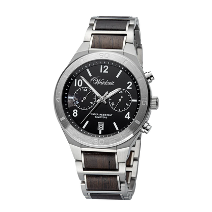 Pánske drevené hodinky Waidzeit Merkúr z planetárnej kolekcie – spojenie mramoru, nehrdzavejúcej ocele a dreveného remienka s funkciou dvoch časových zón