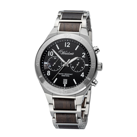 Pánske drevené hodinky Waidzeit Merkúr z planetárnej kolekcie – spojenie mramoru, nehrdzavejúcej ocele a dreveného remienka s funkciou dvoch časových zón