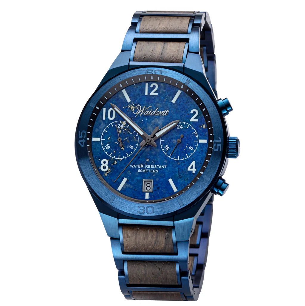 Pánske drevené hodinky Waidzeit Neptún z planetárnej kolekcie – lapis lazuli, drevený remienok a oceľové púzdro v elegantnom dizajne