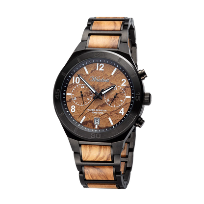 Pánske drevené hodinky Waidzeit Saturn z planetárnej kolekcie – olivové drevo, mramorový ciferník a oceľ v harmonickom spojení prírody a precíznosti