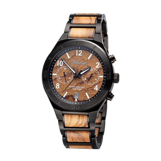 Pánske drevené hodinky Waidzeit Saturn z planetárnej kolekcie – olivové drevo, mramorový ciferník a oceľ v harmonickom spojení prírody a precíznosti