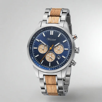 Detail pánskych drevených hodiniek Waidzeit Strength Chronograph – dubový ciferník, oceľové puzdro a zafírové sklíčko