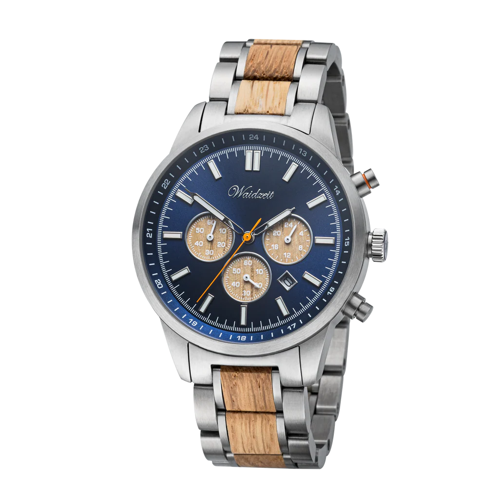 Pánske drevené hodinky Waidzeit Strength Chronograph – kombinácia nehrdzavejúcej ocele a barikového dreva s chronografom