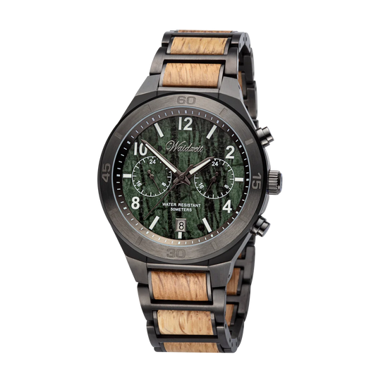 Pánske drevené hodinky Waidzeit Zem z planetárnej kolekcie – barikové drevo a zelený mramor symbolizujú prírodu, rovnováhu a eleganciu
