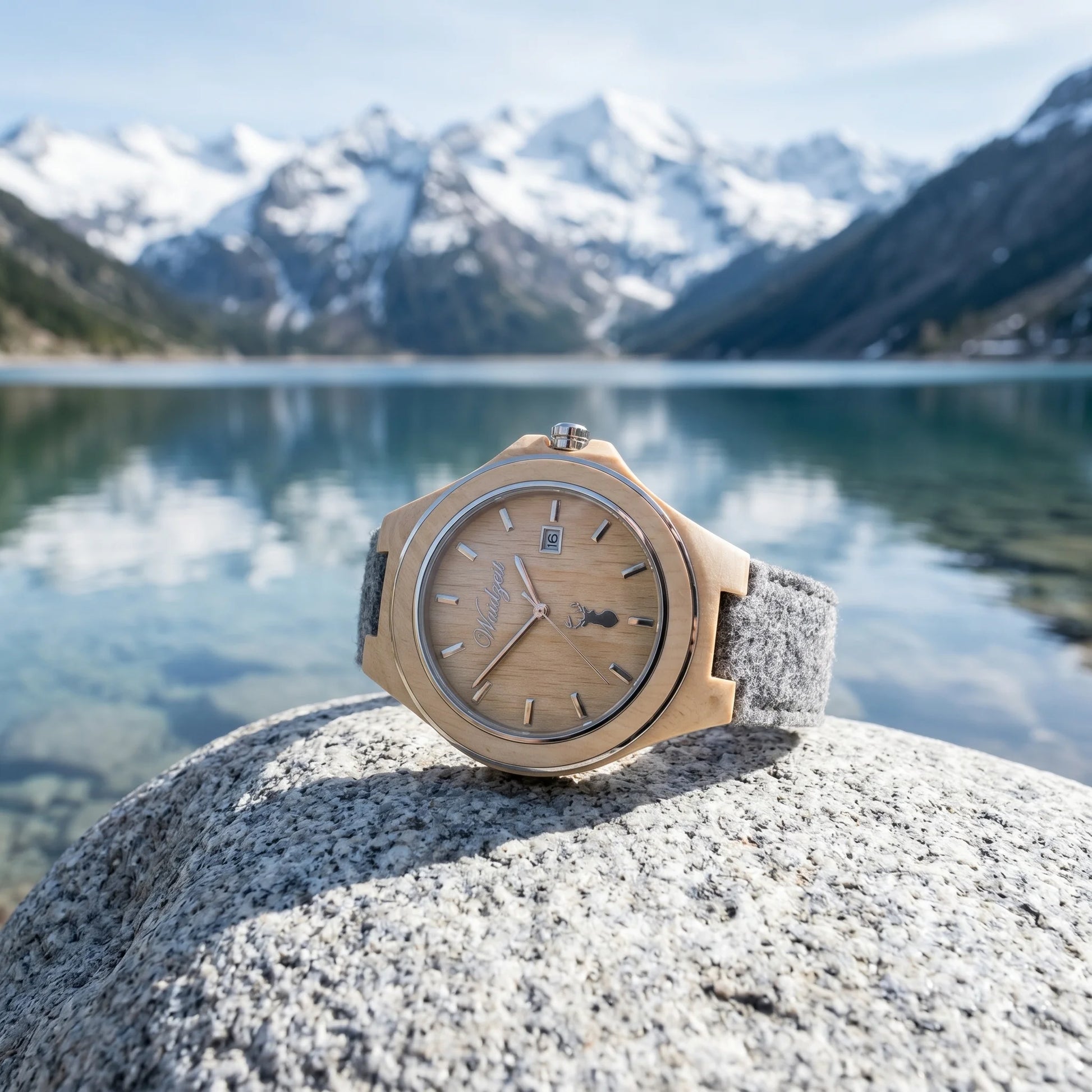 Pánske drevené hodinky Zirbenuhr – lifestylová fotografia pri alpskom jazere so zasneženými vrcholmi v pozadí