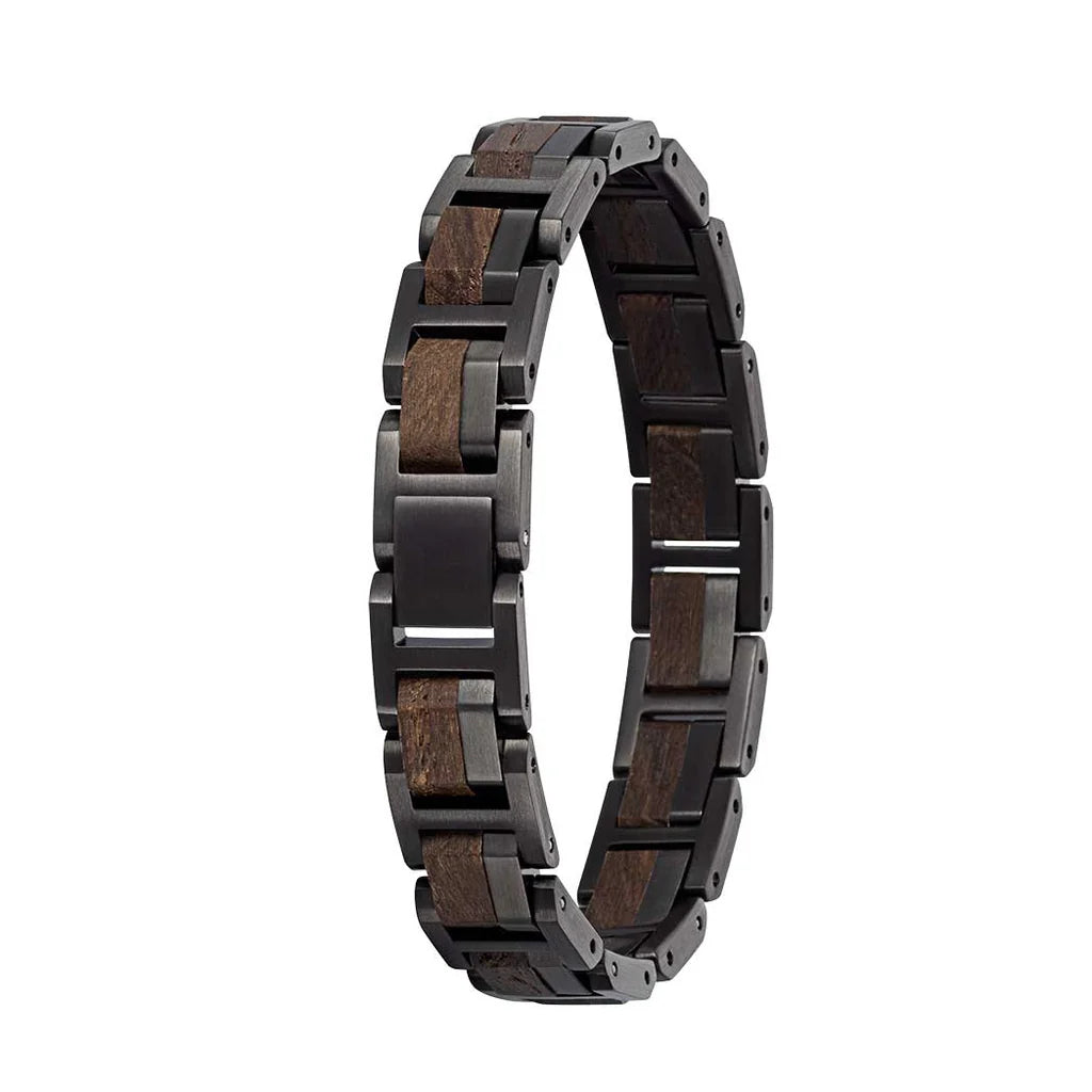 Pánsky drevený náramok Waidzeit Grafit z dubového dreva a čiernej ocele – elegantný doplnok pre mužov s nadčasovým štýlom