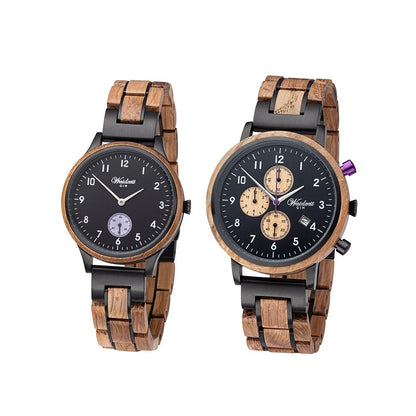 Partnerské drevené hodinky Waidzeit Gin Black Berry – pánsky chronograf a dámske hodinky s čiernym ciferníkom