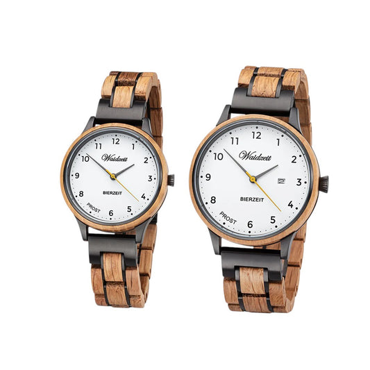 Partnerské drevené hodinky Waidzeit Bierzeit z dubového dreva z pivného sudu – originálny darček pre milovníkov piva, vyrobený s remeselnou precíznosťou