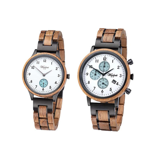 Partnerské drevené hodinky Waidzeit Gin White Ice z dubového dreva zo sudov a jalovcového ciferníka – originálny pár pre ňu aj pre neho