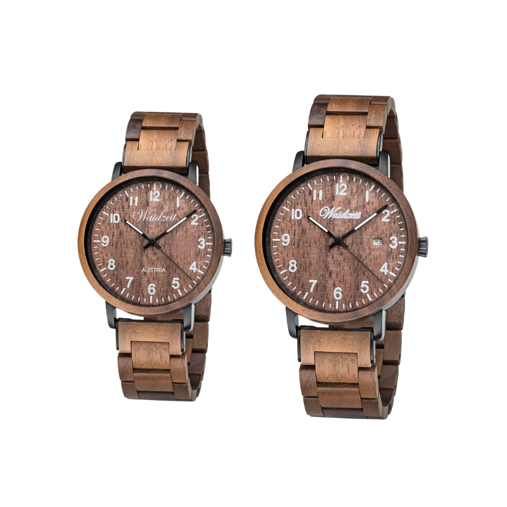 Partnerské drevené hodinky Waidzeit z orechového dreva – elegantný set pre neho aj pre ňu v prírodnom štýle