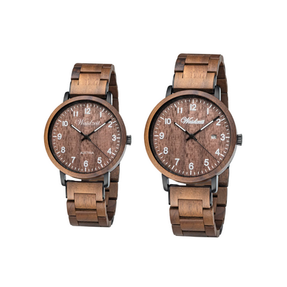 Partnerské drevené hodinky Waidzeit z orechového dreva – elegantný set pre neho aj pre ňu v prírodnom štýle