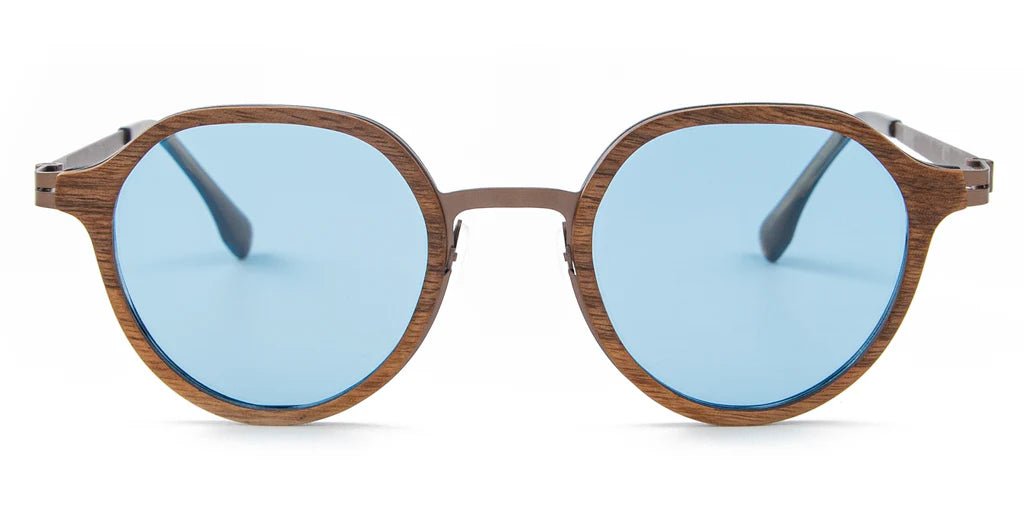 Drevené slnečné okuliare Waidzeit Skyline z orechového dreva a kovu Monel s modrými sklami – moderný štýl a komfort pre každý deň