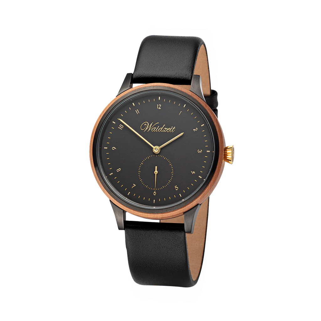 Unisex drevené hodinky Waidzeit Cherry Black z čerešňového dreva s čiernym koženým remienkom – klasická elegancia v prírodnom štýle