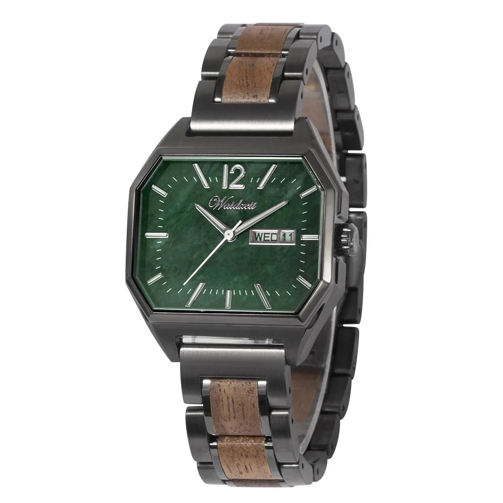Unisex drevené hodinky Waidzeit Metropolitan München z orechového dreva so zeleným mramorovým ciferníkom – spojenie prírody, elegancie a výnimočného dizajnu