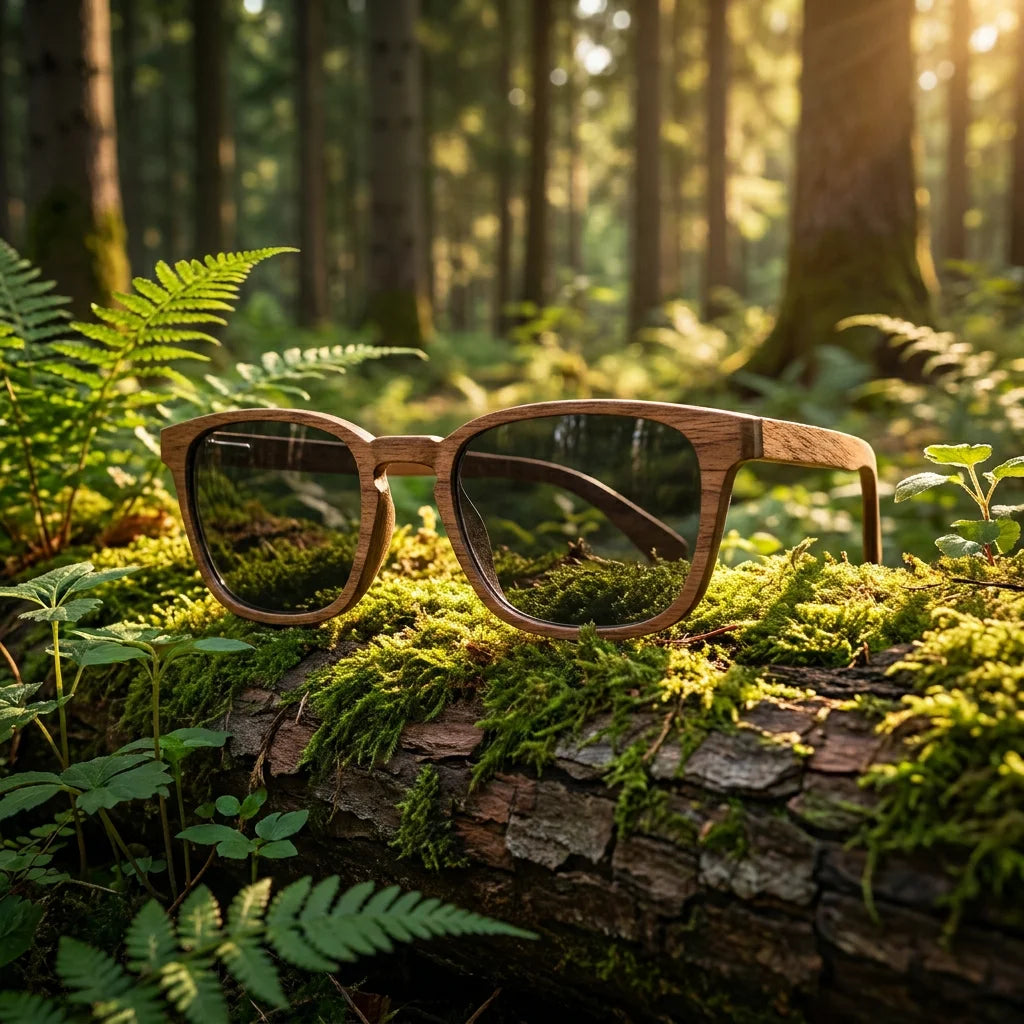 Waldblick Orech – lifestylová fotografia na machom porastenom kmeni obklopenom papraďami v zlatom lese