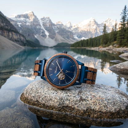 Pánske drevené automatické hodinky Waidzeit Mountain Lake – lifestyle fotografia