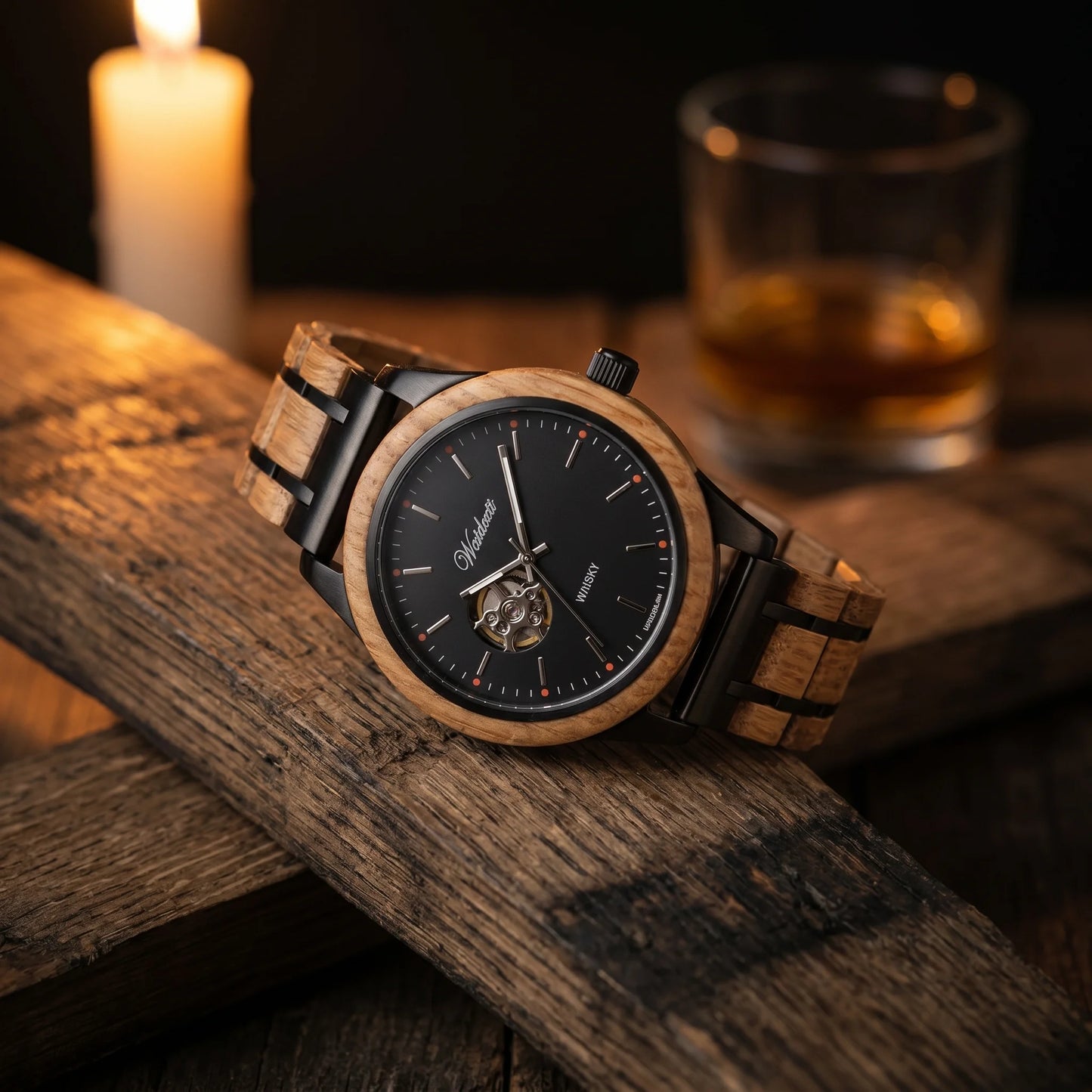 Pánske drevené automatické  hodinky Whisky Bourbon