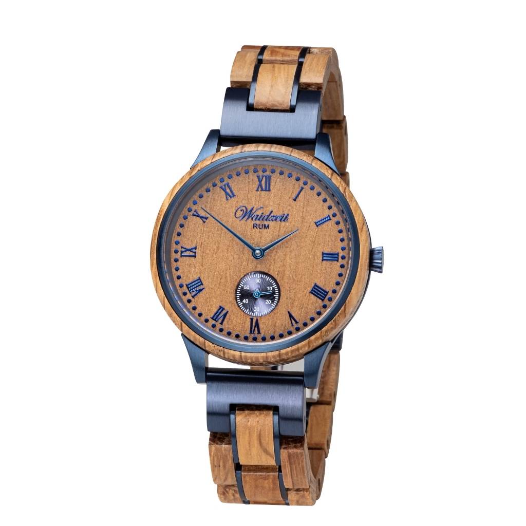 Dámske drevené hodinky Waidzeit RUM – elegantné hodinky z dubového dreva z rumových sudov s modrou oceľou
