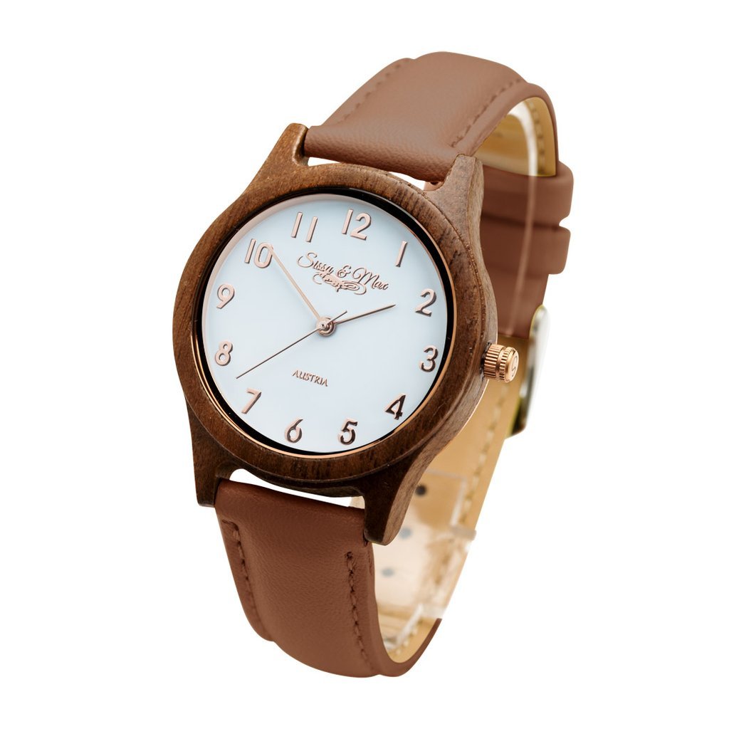 Dámske drevené hodinky Waidzeit Sissy Hnedé – orechové drevo a hnedý kožený remienok v elegantnom alpskom štýle