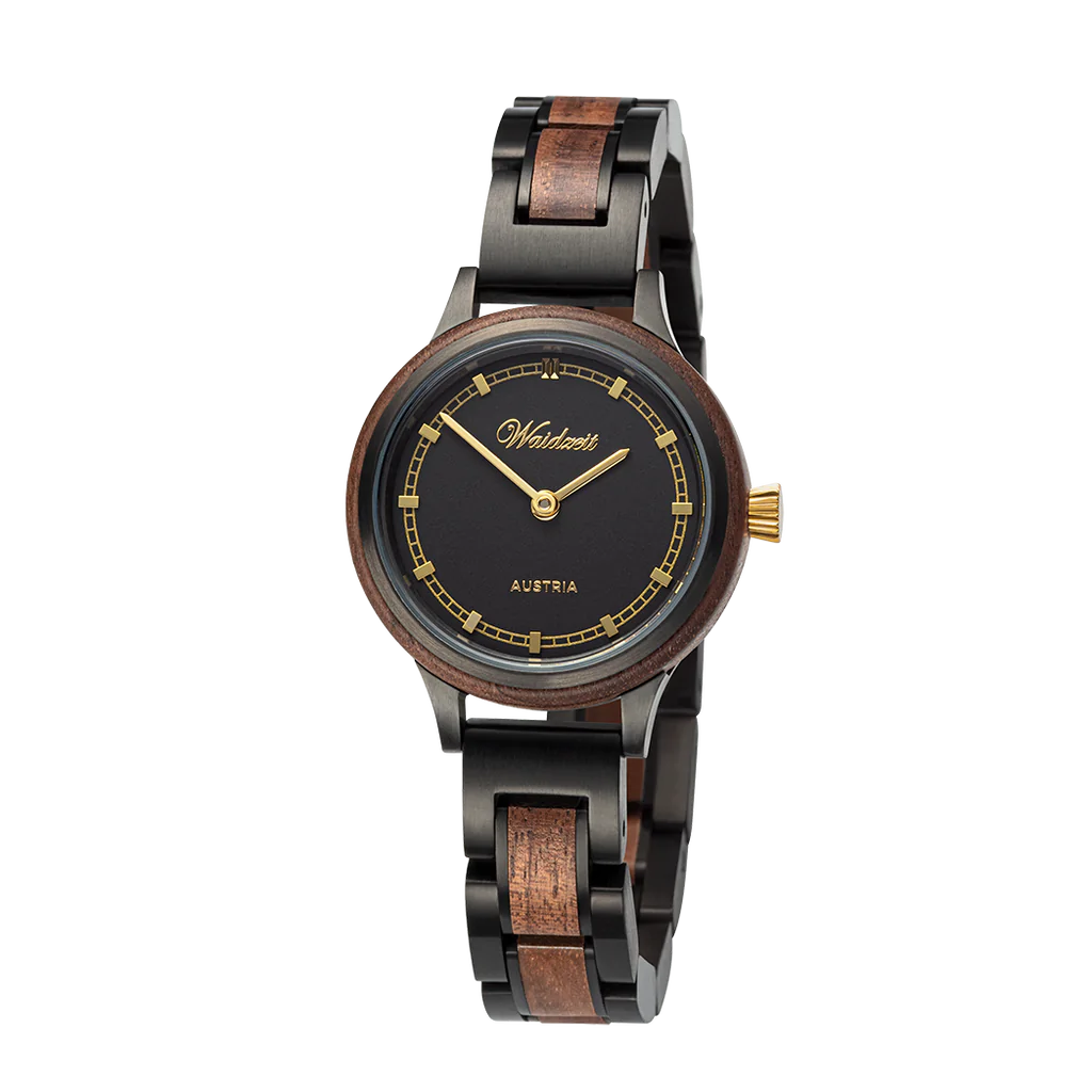 Dámske drevené hodinky Waidzeit Valerie Black – elegantné orechové hodinky s čiernym ciferníkom a zlatými detailmi