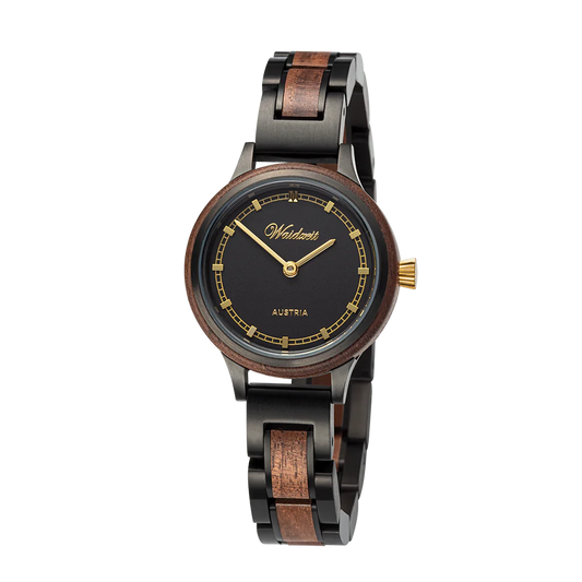 Dámske drevené hodinky Waidzeit Valerie Black – elegantné orechové hodinky s čiernym ciferníkom a zlatými detailmi