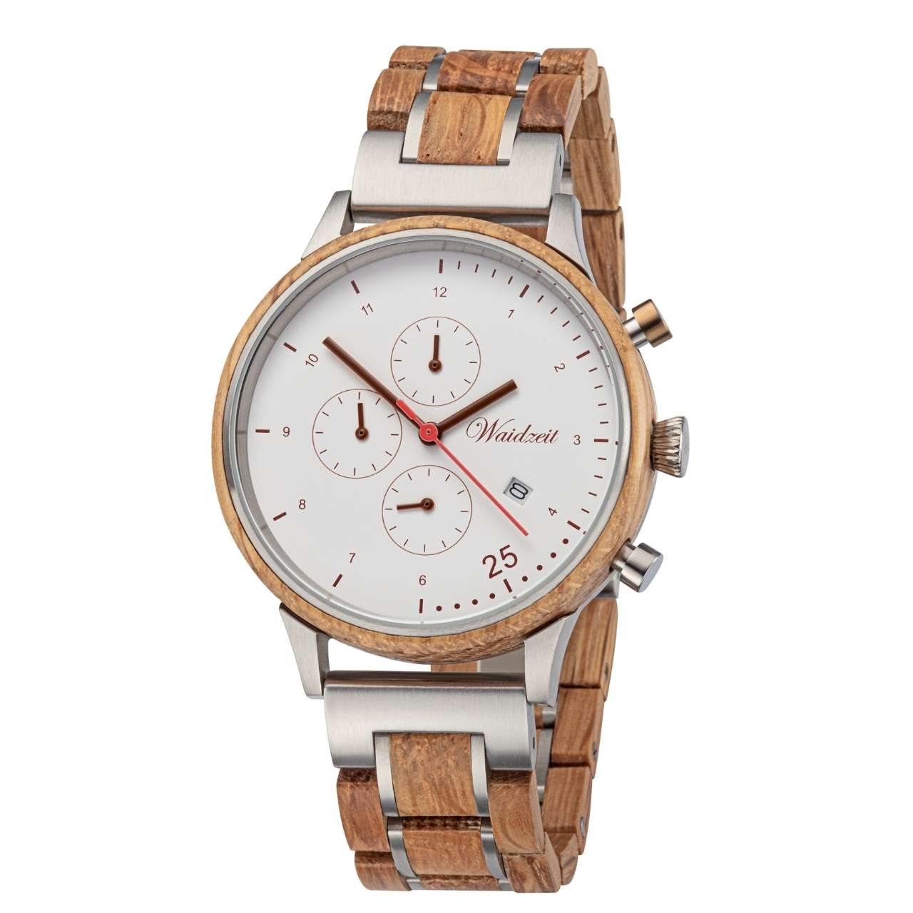 Drevené hodinky Waidzeit Barista Bianco – pánske hodinky z dreva vínnych sudov Barrique s mliečno-bielym ciferníkom, bronzovými detailmi a chronografom inšpirované talianskym espressom
