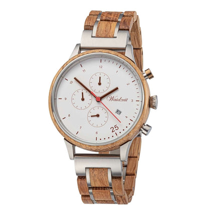 Drevené hodinky Waidzeit Barista Bianco – pánske hodinky z dreva vínnych sudov Barrique s mliečno-bielym ciferníkom, bronzovými detailmi a chronografom inšpirované talianskym espressom