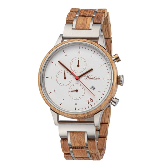 Drevené hodinky Waidzeit Barista Bianco – pánske hodinky z dreva vínnych sudov Barrique s mliečno-bielym ciferníkom, bronzovými detailmi a chronografom inšpirované talianskym espressom