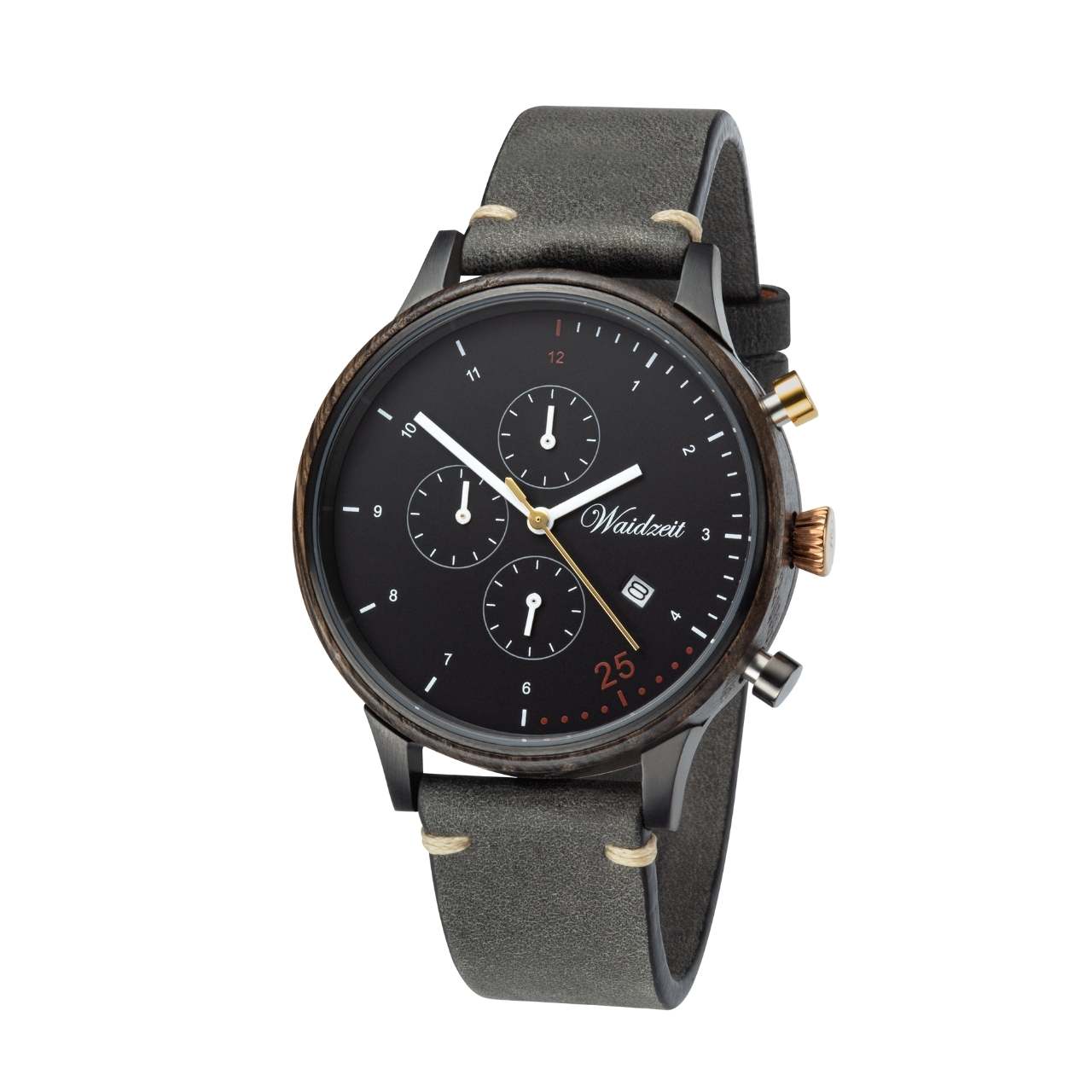 Drevené hodinky Waidzeit Barista Oro Leather – luxusné pánske hodinky z močiarného duba s čiernym ciferníkom, zlatými detailmi a koženým remienkom, inšpirované talianskou kávou