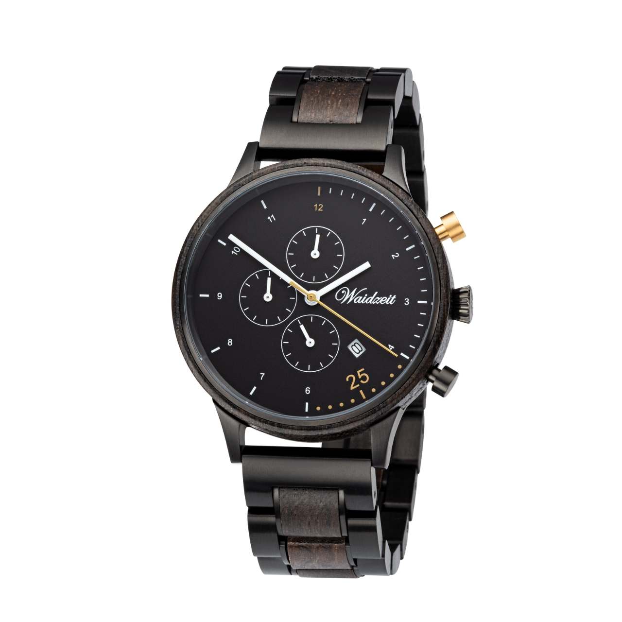 Drevené hodinky Waidzeit Barista Oro – luxusné pánske hodinky z močiarného duba s čiernym chronografickým ciferníkom a zlatými detailmi, inšpirované talianskou kávovou kultúrou