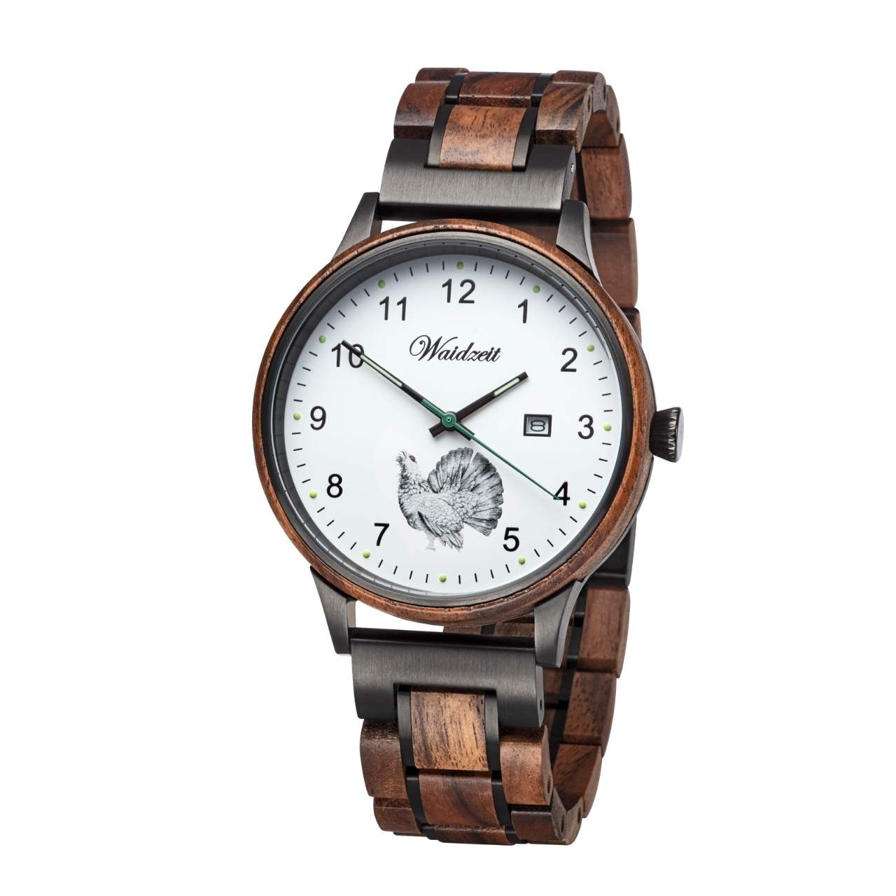 Detail hodiniek Waidzeit Hubertus – orechové drevo s precíznym spracovaním a ciferníkom s gravírovanými motívmi lesnej zveri