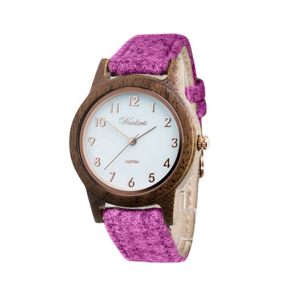 Drevené hodinky Waidzeit Sissy Loden ružové – dámske hodinky s orechovým drevom, medeným ciferníkom a ružovým lodénovým remienkom inšpirované horskou prírodou
