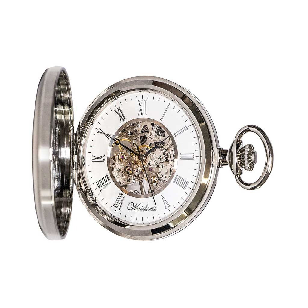 Drevené vreckové hodinky Waidzeit Skelett – klasické mechanické vreckové hodinky z koreňového orechového dreva a nehrdzavejúcej ocele