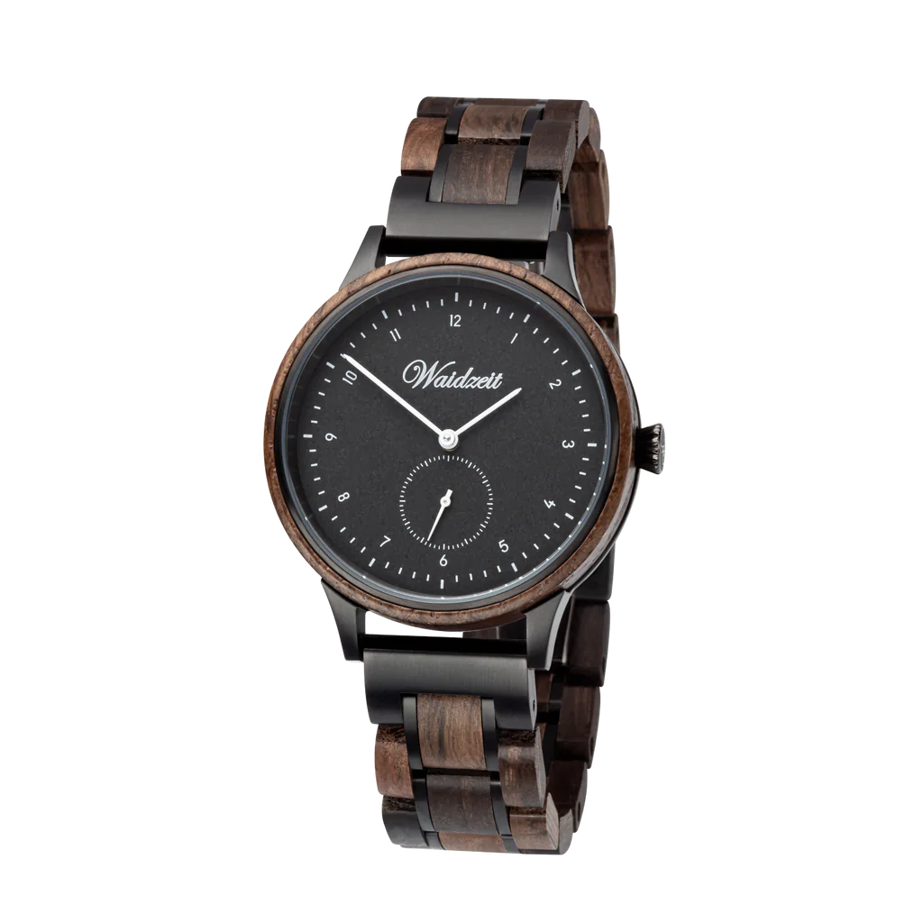 Pánske drevené hodinky Waidzeit Mystic White – elegantné hodinky z močiarného duba s čiernym ciferníkom a bielymi ručičkami