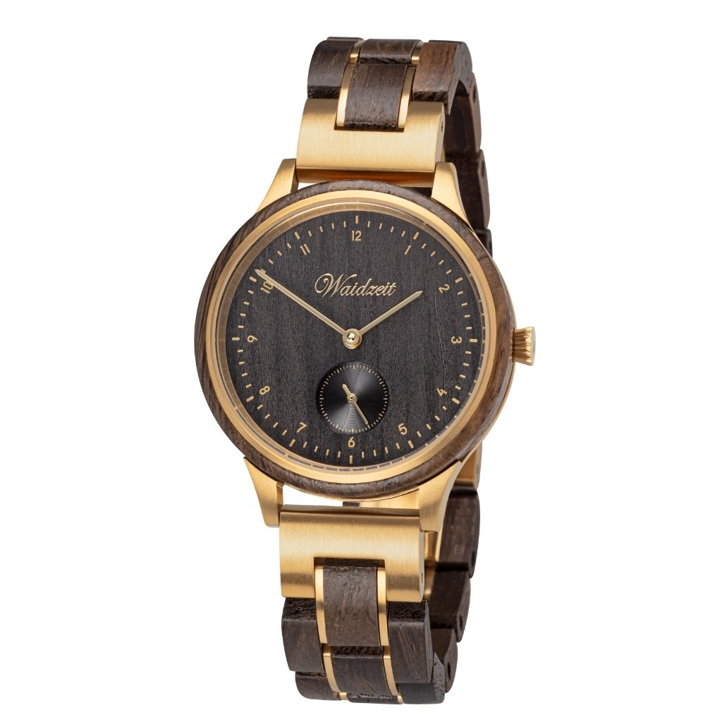 Pánske drevené hodinky Waidzeit Mystik Gold – elegantné hodinky z močiarného duba so zlatou oceľou a tmavým ciferníkom