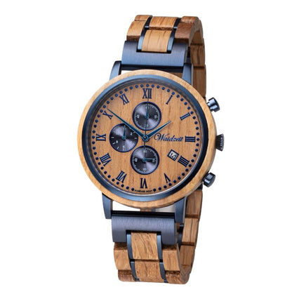 Pánske drevené hodinky Waidzeit RUM – elegantné hodinky z dubového dreva z rumových sudov s modrou oceľou