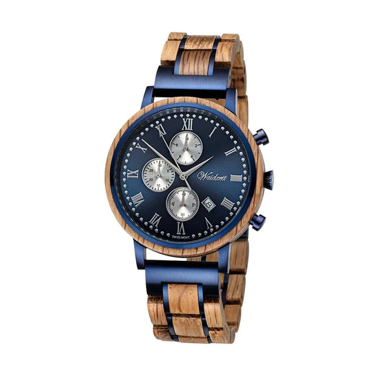 Pánske drevené hodinky Waidzeit Swiss Mountain Navy – elegantné hodinky z dubových whisky sudov so sivomodrým ciferníkom a rímskymi číslicami