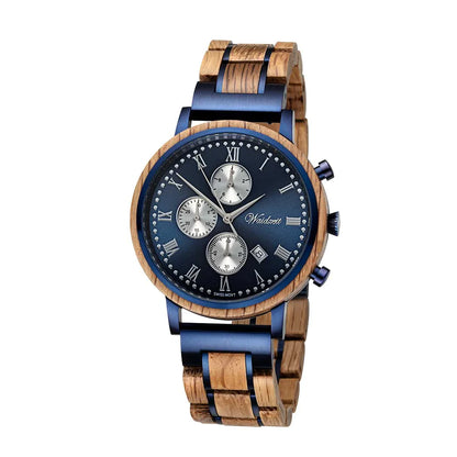 Pánske drevené hodinky Waidzeit Swiss Mountain Navy – elegantné hodinky z dubových whisky sudov so sivomodrým ciferníkom a rímskymi číslicami