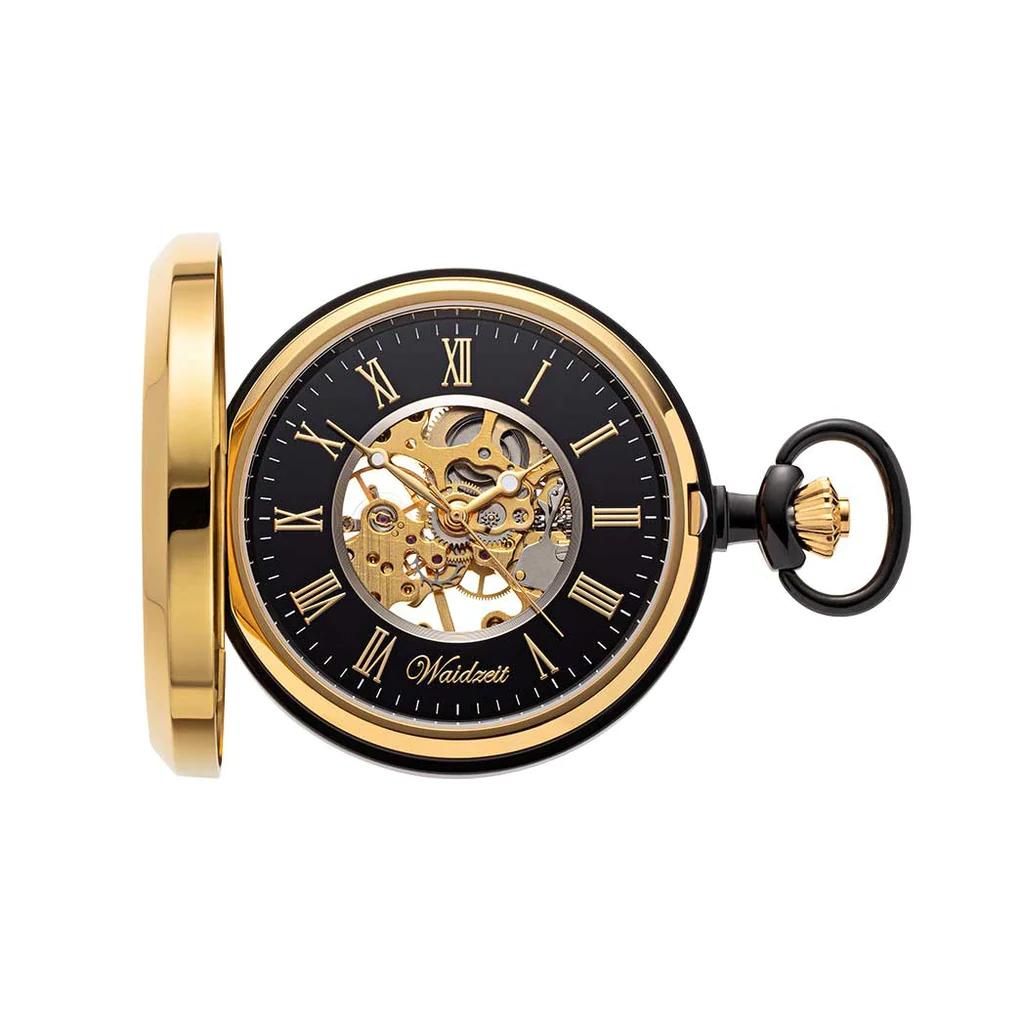 Detail vreckových hodiniek Waidzeit Skelett Gold & Black – koreňové orechové drevo, zlaté prvky a odkrytý mechanizmus