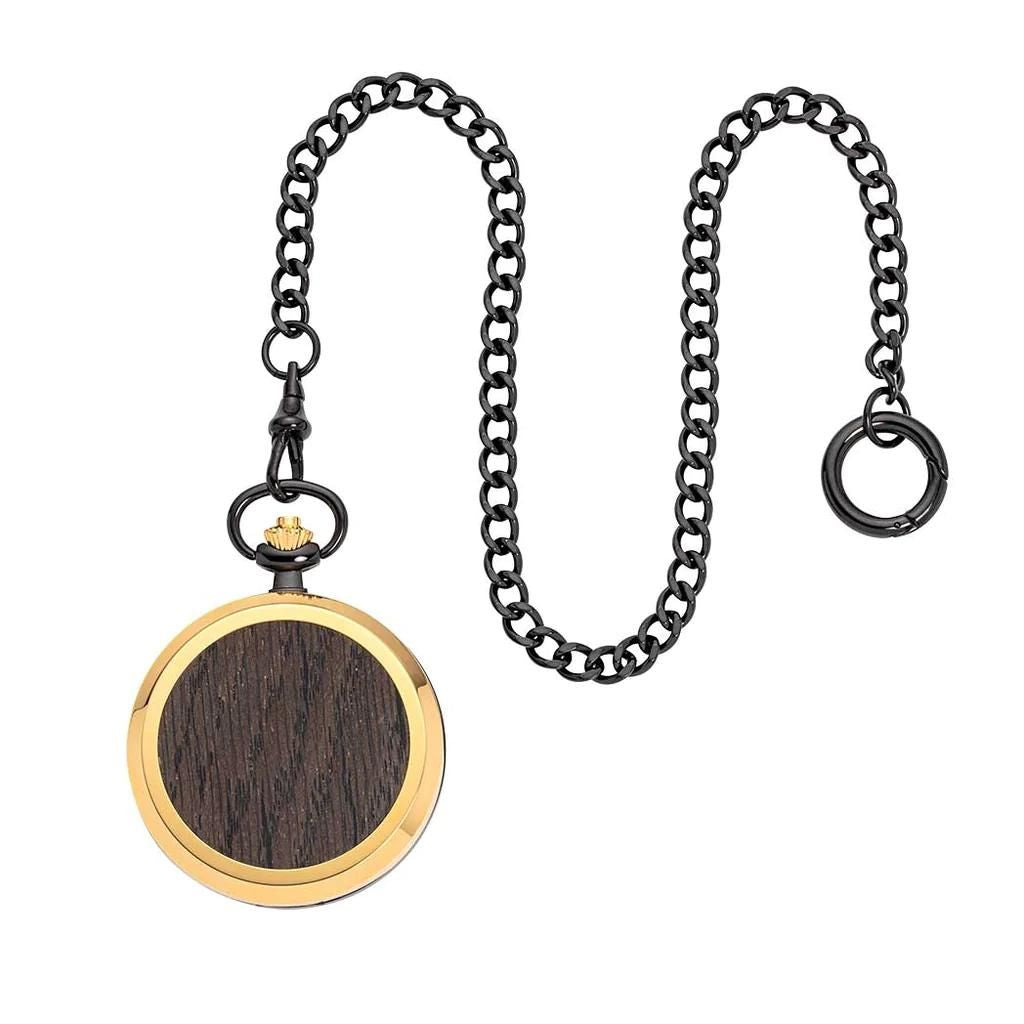 Drevené vreckové hodinky Waidzeit Skelett Gold & Black – luxusné mechanické hodinky s rímskymi číslicami a priehľadným ciferníkom